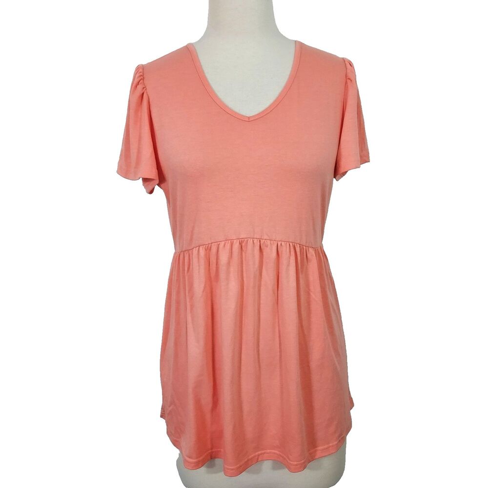 Ofeefan Shirt Top Coral Flowy Stretch Womens Size Medium Short Sleeve V Neck